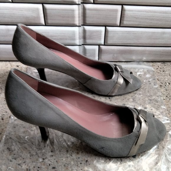Grey Suede Peep Toe Pump with Low Heel - Picture 2 of 4